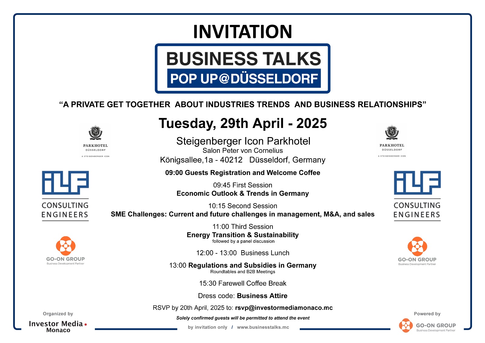 INVITATION - BUSINESS TALKS POP UP @ DÜSSELDORF - 29th of April 2025 - Steigenberger Icon Parkhotel